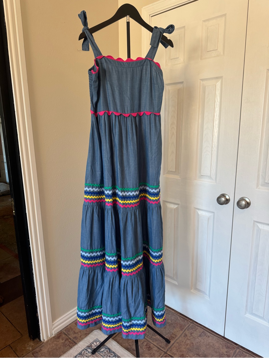 Crown & Ivy Blue Maxi Dress With Pink Trim And Multicolor Chevron Bands